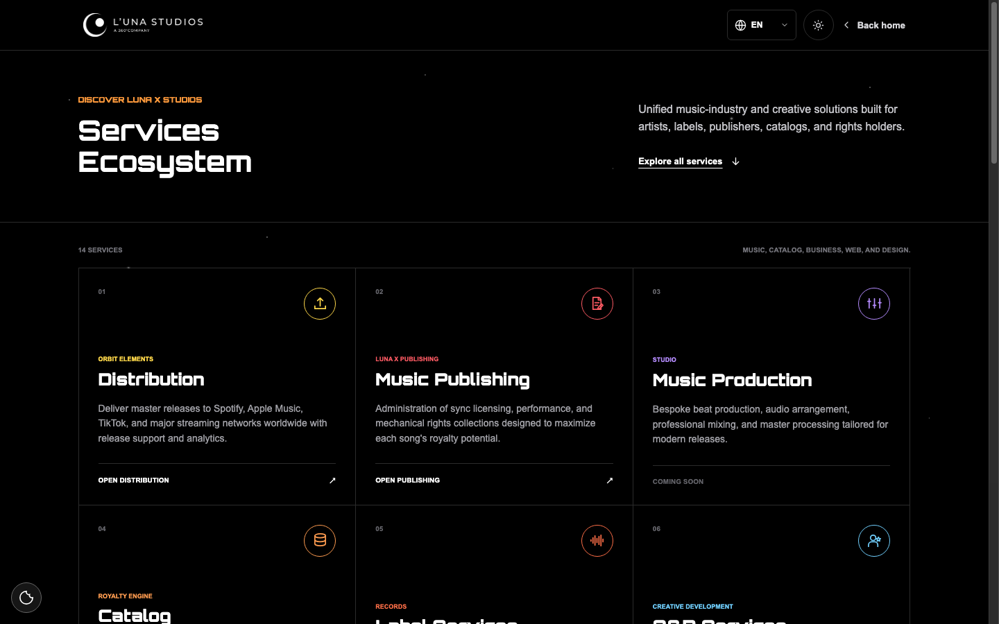 Luna x Studios Discover page